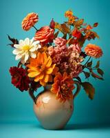 uma vaso preenchidas com flores em uma azul fundo generativo ai foto