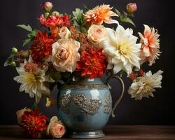 uma vaso preenchidas com flores sentado em uma mesa generativo ai foto