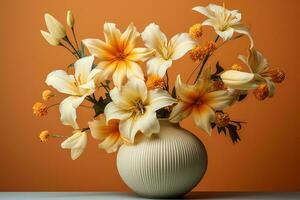 uma vaso preenchidas com branco e laranja flores generativo ai foto