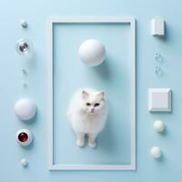 uma branco gato dentro uma quadro, Armação cercado de branco objetos generativo ai foto