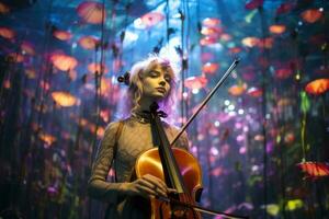 uma mulher segurando uma violoncelo dentro frente do flores generativo ai foto