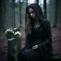 uma mulher dentro uma Preto vestir sentado em uma sepultura dentro a madeiras generativo ai foto