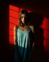 uma mulher dentro uma azul vestir é em pé dentro frente do uma vermelho parede generativo ai foto
