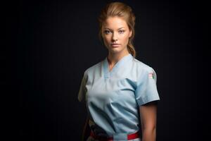 uma mulher dentro uma azul uniforme posando para a Câmera generativo ai foto