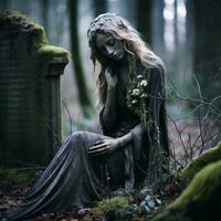 uma mulher dentro uma gótico vestir sentado em uma sepultura dentro a madeiras generativo ai foto