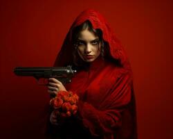 uma mulher dentro uma vermelho vestir segurando uma arma de fogo generativo ai foto