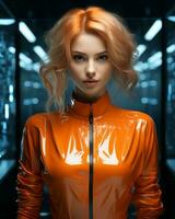 uma mulher dentro a laranja látex terno em pé dentro frente do uma computador generativo ai foto