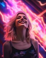 uma mulher é sorridente dentro frente do néon luzes generativo ai foto
