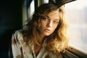 uma mulher olhando Fora a janela do uma trem generativo ai foto