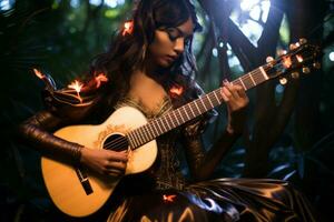 uma mulher jogando a acústico guitarra dentro a madeiras generativo ai foto