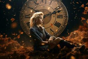 uma mulher sentado dentro frente do a velho relógio generativo ai foto