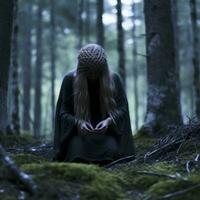uma mulher sentado dentro a meio do uma Sombrio floresta generativo ai foto