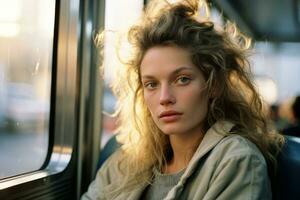 uma mulher sentado em uma trem olhando Fora a janela generativo ai foto