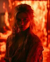 uma mulher em pé dentro frente do uma fogo generativo ai foto