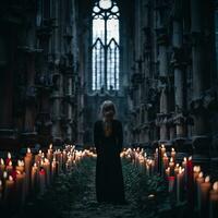 uma mulher em pé dentro frente do velas dentro uma gótico Igreja generativo ai foto