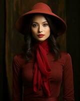 uma mulher vestindo uma vermelho chapéu e uma vermelho cachecol generativo ai foto