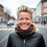 uma mulher com Loiras cabelo e uma Preto Jaqueta sorrisos para a Câmera generativo ai foto