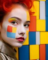 uma mulher com colorida pintura em dela face generativo ai foto