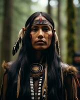 uma mulher com grandes Preto cabelo vestindo a indiano cocar dentro a madeiras generativo ai foto