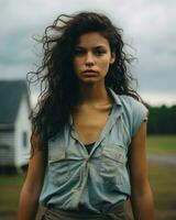 uma mulher com grandes encaracolado cabelo em pé dentro frente do uma casa generativo ai foto