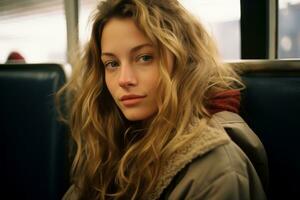 uma mulher com grandes cabelo sentado em uma ônibus generativo ai foto