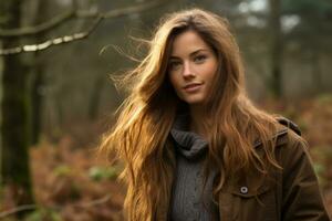 uma mulher com grandes cabelo em pé dentro a madeiras generativo ai foto