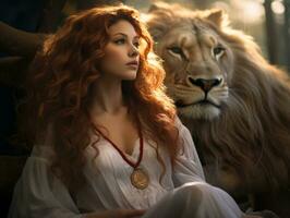 uma mulher com grandes vermelho cabelo sentado Próximo para uma leão generativo ai foto