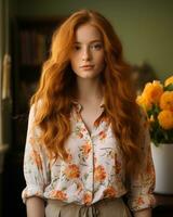 uma mulher com grandes vermelho cabelo em pé dentro frente do uma vaso do flores generativo ai foto