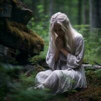 uma mulher com grandes branco cabelo sentado em a terra dentro a madeiras generativo ai foto