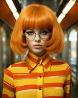 uma mulher com laranja cabelo e óculos dentro uma metrô generativo ai foto