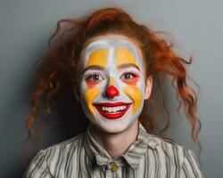 uma mulher com vermelho cabelo e uma palhaço face pintado em dela face generativo ai foto
