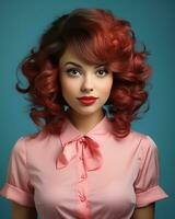 uma mulher com vermelho cabelo e uma Rosa camisa generativo ai foto