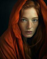 uma mulher com vermelho cabelo e a laranja capa generativo ai foto