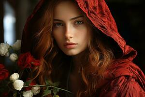 uma mulher com vermelho cabelo e uma vermelho de capuz é segurando uma ramalhete do flores generativo ai foto