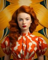 uma mulher com vermelho cabelo e a laranja vestir generativo ai foto
