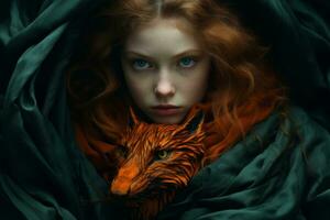 uma mulher com vermelho cabelo e azul olhos segurando a laranja Raposa generativo ai foto