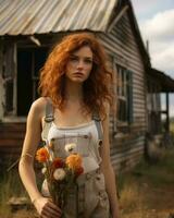 uma mulher com vermelho cabelo segurando flores dentro frente do a velho casa generativo ai foto