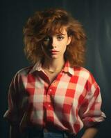 uma mulher com vermelho cabelo dentro uma xadrez camisa generativo ai foto