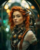 uma mulher com vermelho cabelo dentro uma steampunk equipamento generativo ai foto