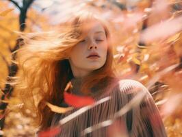 uma mulher com vermelho cabelo dentro a outono floresta generativo ai foto