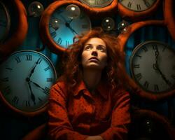 uma mulher com vermelho cabelo sentado dentro frente do uma grupo do relógios generativo ai foto