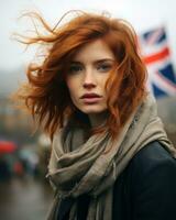 uma mulher com vermelho cabelo em pé dentro frente do uma britânico bandeira generativo ai foto