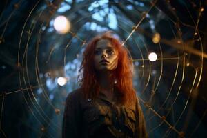 uma mulher com vermelho cabelo em pé dentro frente do uma aranha rede generativo ai foto