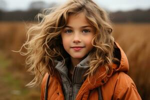 uma jovem menina dentro a laranja Jaqueta em pé dentro uma campo generativo ai foto