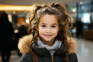 uma jovem menina com encaracolado cabelo vestindo uma casaco generativo ai foto