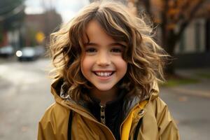 uma jovem menina com encaracolado cabelo vestindo uma amarelo Jaqueta generativo ai foto