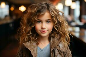 uma jovem menina com encaracolado cabelo em pé dentro uma restaurante generativo ai foto