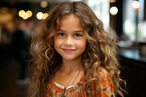uma jovem menina com grandes encaracolado cabelo posando para a Câmera generativo ai foto