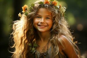 uma jovem menina com grandes cabelo vestindo uma flor coroa generativo ai foto