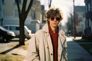 uma jovem homem dentro uma casaco e oculos de sol em pé em uma rua generativo ai foto